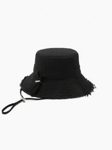 1pc Women's Spring Summer Autumn Solid Color Fringe Drawstring Bucket Hat, Large Brim For Sun Protection, Adjustable Headband, Fashion Accessory