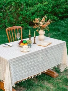 1 Pc Solid Color Four Leaf Clover Tassel Tablecloth, Rectangular Hollow Atmosphere Table Cloth, Suitable For Wedding, Holiday Gathering, Daily Home Use And Other Table Decor Textile
