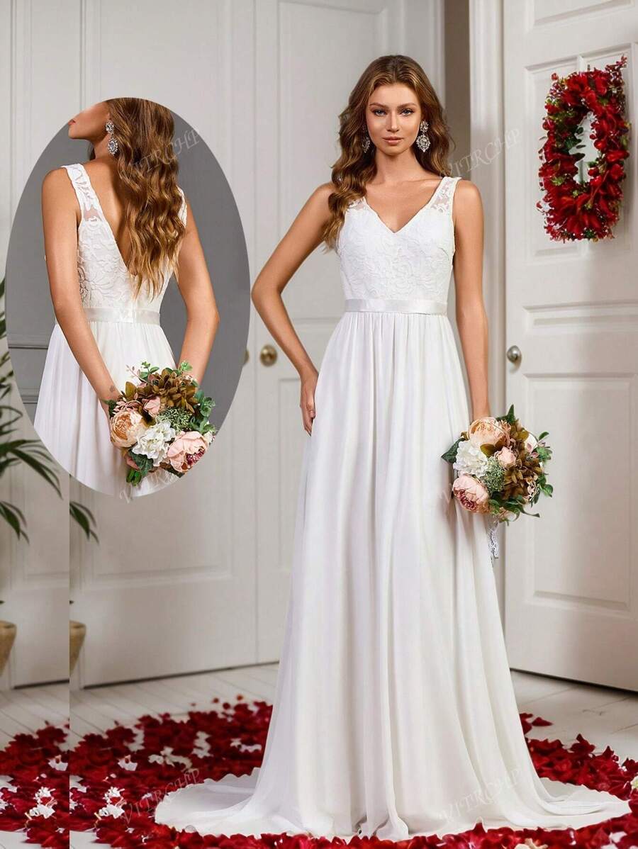 Vestido de Noiva Sem Mangas com Renda de Cor Sólida, Contraste de Tule Bordado