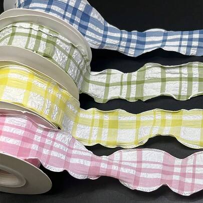 4cm Cute Puff Plaid Ribbon, High-End Ruffle Satin Ribbon With Flounce Edge, Suitable For DIY Handmade Bow, Flower Bouquet, Gift Wrapping, Cake Decoration, Wavy Fabric