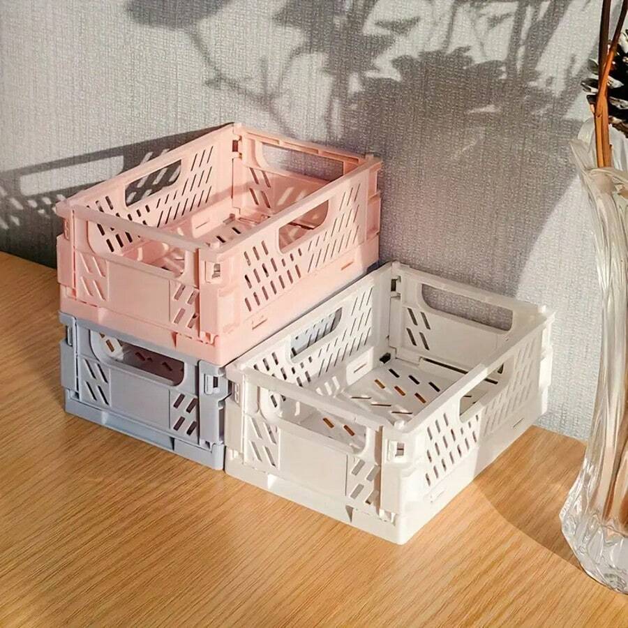 2pcs Mini Foldable Storage Basket, Collapsible PP Organizer Box For Kitchen, Bathroom, Office, Stationery, Notebook, Cosmetics Desk, Available In Multiple Colors, Desktop Organization Tool, Shelf Basket