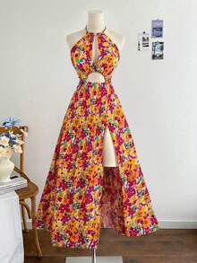 Ditsy Floral Sleeveless Halter Neck Hollow Out Slit Maxi Dress Vacation Beach Elegant Dress For Women, Spring/Summer - Multicolor - View 4