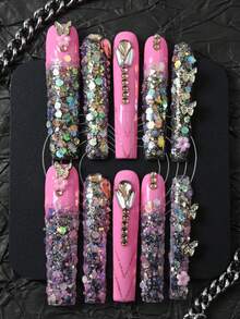 CrystalHola 10pcs Handmade Press On Nail Fake Nails, Pink Nails, Rhinestones, Stickers,DIY,Nail Supplies, Fake Nails, French Style, Extra Long Ballerina ,Flower Style Full Coverage Fake Nails, Hot Girl Style, Upgrade Your Look, Suitable For Parties/Music Festivals And Daily Wear, Women/Girls Travel, Party - 彩色 - 查看 14