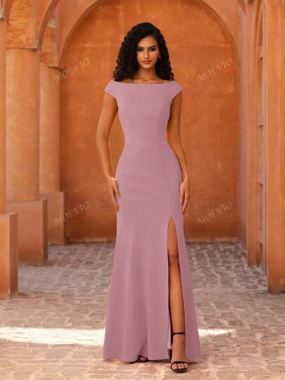 MOEVIO Women's Elegant Off Shoulder Bodice Bodycon Mermaid Split Thigh Long Formal Bridesmaid Wedding Guest Party Evening Dress For Graduation Homecoming Festival Dating Outfit