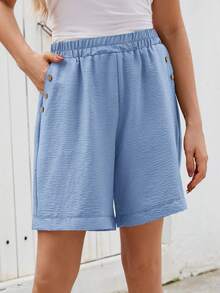 Jisfaneya Solid Color Pleated Design Fabric Blue Wide Leg Casual Shorts, Spring/Summer - Blue - View 2