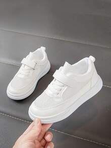 Breathable Kids Canvas Shoes, Thick Sole Girls Sport Shoes, Mid-Large Children Mesh Sneakers, Comfortable Hook-And-Loop Boys White Shoes For School Students Babies Running - White - View 2