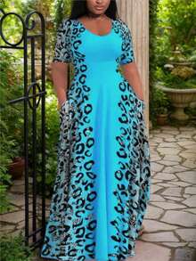 大码时尚彩色印花口袋休闲度假连衣裙，适合夏季穿着，优雅大方 - 藍色 - 查看 3