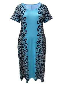 大码时尚彩色印花口袋休闲度假连衣裙，适合夏季穿着，优雅大方 - 藍色 - 查看 5