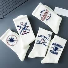 1/5 أزواج جوارب طاقم رياضية نسائية لافتات وخطوط ملونة، قابلة للتنفس، جوارب للأزواج