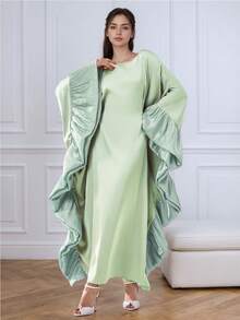 连衣裙女士奢华阿巴亚蝴蝶袖长裙优雅迪拜阿巴亚长袍卡夫坦伊斯兰服饰 - 薄荷綠 - 查看 2