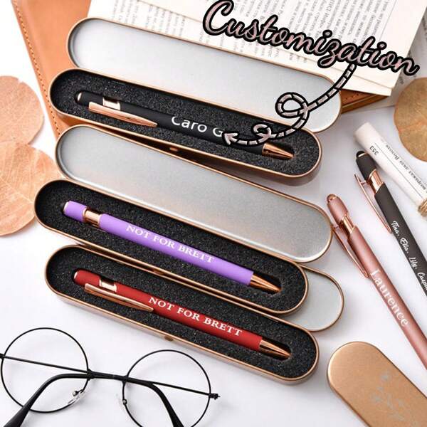 Conjunto de canetas personalizadas com texto gravado em ouro rosa, presente de caneta personalizado para mulheres, caneta esferográfica de luxo personalizada com superfície de toque suave e caixa de presente, volta às aulas, material escolar