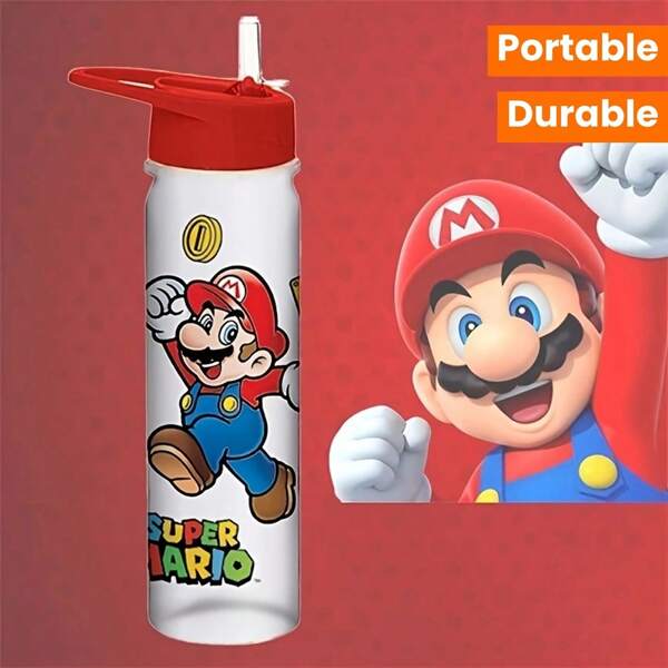 Super Mario Super Kunststoff Sport-Wasserflasche mit Strohhalm, personalisierter Hochwertig Kunststoff Wasserbehälter mit exquisiter Pappverpackung, ideales erfrischendes Trinkgeschirr für Sommerausflüge und Sportaktivitäten