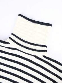 Knit Mix 女士条纹高领长袖针织套头毛衣，休闲宽松版型，随机图案，适合秋冬季节和开学季穿着 - 黑與白 - 查看 11