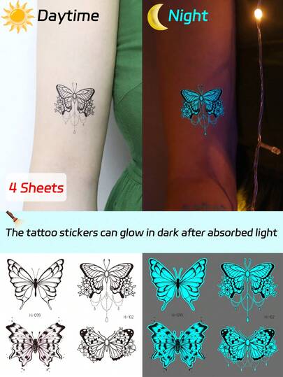 4 قطع ملصقات وشم مؤقتة على شكل فراشات تضيء في الظلام، تأثير فسفوري أزرق نيون ، مناسبة لديكور نادي الليل والحفلات والأعياد والفن البدني | عناصر تصميم غامضة