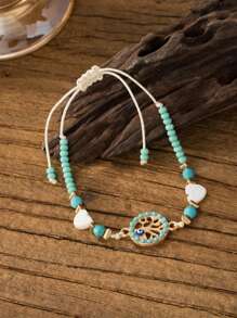 Pulseira ajustável estilo boêmio verde menta com pingente de coração, árvore da vida, acessório versátil para praia/férias
