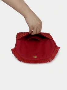 Boho-Stil Stroh gewebte Clutch Handtasche mit Patches und Fransen für Urlaub, Valentinstag