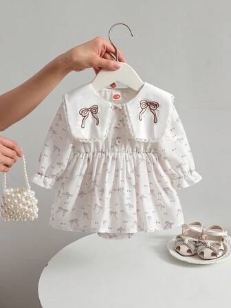 Baby Girl Fashionable Cute Ruffle Collar Bow Print Bodysuit