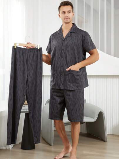 3 Peças Conjunto de Roupa de Descanso Masculino, Camiseta de Manga Curta com Estampa Assimétrica + Shorts + Calça, Roupa de Dormir