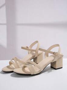 欧美经典交叉带圆头粗高跟时尚鞋