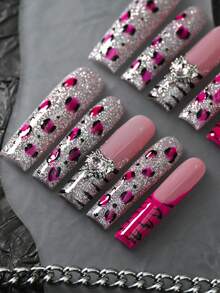 CrystalHola 10pcs Handmade Press On Nail Fake Nails, Pink Nails, Rhinestones, Stickers,DIY,Nail Supplies, Fake Nails, French Style, Extra Long Ballerina ,Flower Style Full Coverage Fake Nails, Hot Girl Style, Upgrade Your Look, Suitable For Parties/Music Festivals And Daily Wear, Women/Girls Travel, Party - 彩色 - 查看 1