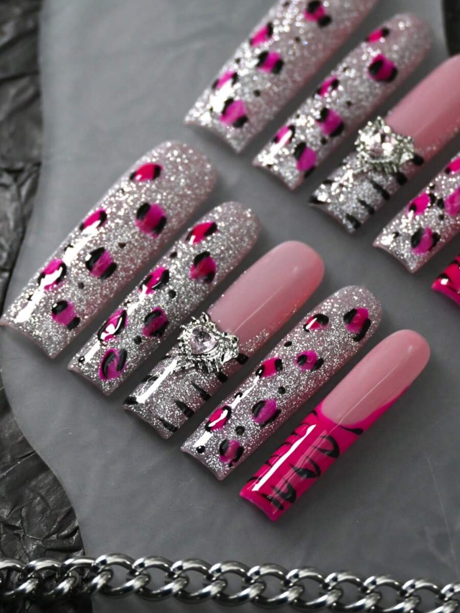 CrystalHola 10pcs Handmade Press On Nail Fake Nails, Pink Nails, Rhinestones, Stickers,DIY,Nail Supplies, Fake Nails, French Style, Extra Long Ballerina ,Flower Style Full Coverage Fake Nails, Hot Girl Style, Upgrade Your Look, Suitable For Parties/Music Festivals And Daily Wear, Women/Girls Travel, Party - 彩色 - 查看 1