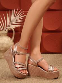 Women's 2025 Spring/Summer New Wedge Thick Bottom Beach Vacation Strap Woven Design High Heel Sandals, Dress Style Fashion High Heel Slippers - 金色 - 查看 7