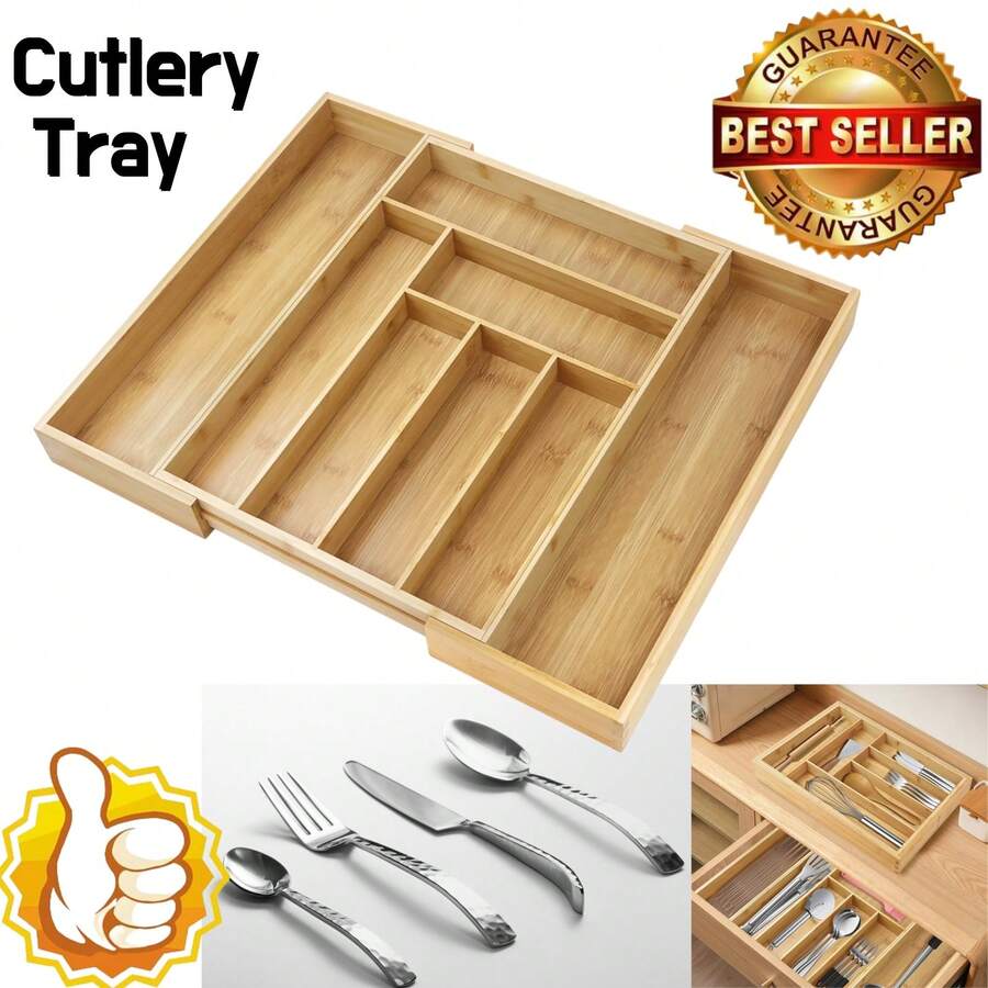 AutoFu Extendable Cutlery Tray Drawer Kitchen Organizer 6 7 8 Compartments Storage Insert Natural Bamboo, Utensil Storage, Wood Drawer Dividers - Wood - View 1