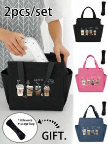 2pcs/Set Lunch Bag Insulated Bag, Printed Coffee Pattern Lunch Bag, With Black Cutlery Storage Bag, Double Pocket Lunch Box Bag, Large Capacity, Student Teacher Meal Insulated Cooler Bag, Portable Travel Picnic Bag, Office School Lunch Bag, Insulated Lunch Box, Work Lunch Box, Office Holiday Lunch Box, Multifunctional Camping School Lunch Box, Unisex, Back To School Gift