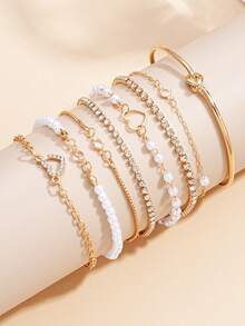 8pcs/4pcs Fashion Elegant Faux Pearl Hollow Heart Layered Bracelet & Bangle Sets, Suitable For Girls Daily Wear, Summer Jewelry - Golden - View 4