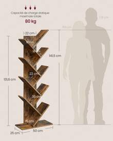 Bibliothèque Arbre, Bibliothèque sur Pied à 8 Niveaux, Étagère d'Angle Gain de Place, avec Étagères, pour Chambre, Salon, Bureau, Marron Rustique - Tabac - Voir 4
