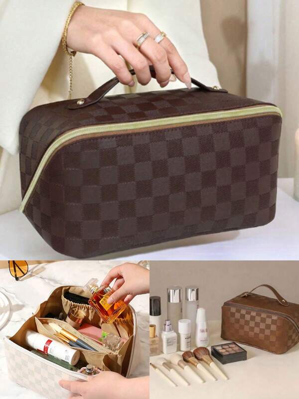 PU Leather Waterproof Makeup Bag, Cosmetics Storage Bag, Lightweight Toiletries Grid Makeup Bag, Waterproof PU Skin Care Bag, Large Capacity Spacious Double-Layer Makeup Bag, Large Capacity Toiletries Bag With Partition Layer, Cosmetics Travel Bag, Multifunctional Travel Storage Bag, Travel Household Makeup Bag Organizer, With Partition And Handle, Cosmetics Storage Bag, Toiletries Storage Bag