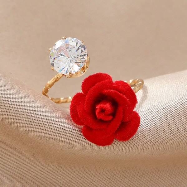 1pc Rhinestone Flower Design Adjustable Ring, Simple Solid Color Flats For Women, Practical Multipurpose