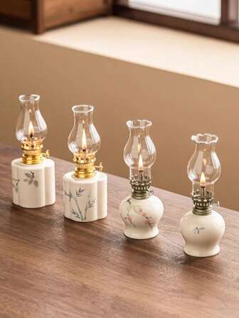 1 stuk vintage delicate Zen-stijl keramische petroleumlamp, handbeschilderd glazen lampenkap met bloemenpatroon en winddichte hoes, decoratieve verlichtingsaccessoire voor slaapkamer/studeerkamer/theekamer (exclusief lampenolie)