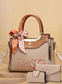 Elegante Conjunto de 3 Peças de Bolsas Femininas - Estampa Geométrica Elegante, Bolsa de Couro Sintético com Bolsa Transversal e Carteira de Embreagem