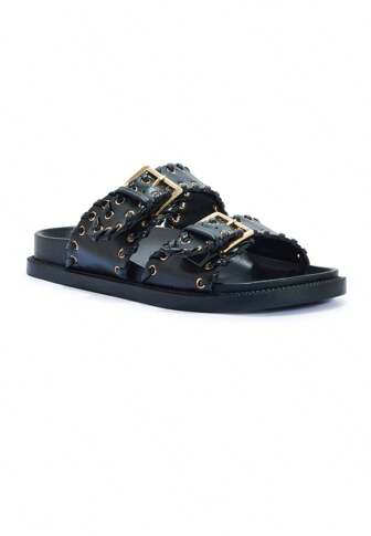 Women's Slip On Sliders With Metal Buckles In Black Microfibre - Size US 5-10 / UK 3-8 / EU 36-41 - Ladies Casual Flat Summer Slides, Fashionable Open Toe Slippers Stylish Holiday Vacation Beach Sandals