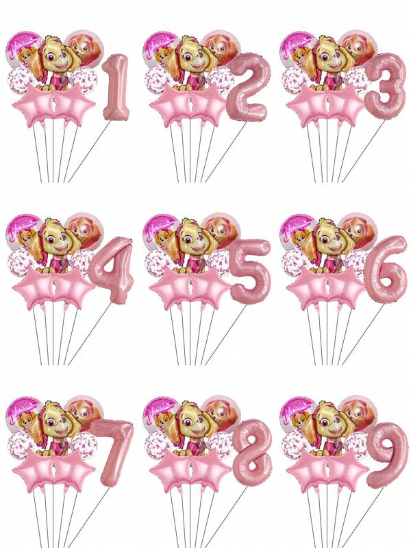 Paw Patrol Authorized 8PCS Paw Patrol Pink Cartoon Cute Puppy Theme Birthday Balloon Party Balloon Set, Including Sitting Puppy Balloon Round Puppy Balloon Pink Five-Pointed Star Balloon Sequin Balloon 1-9 Pink Number Balloon, Suitable For Birthday Party Theme Party Decoration Balloon, Puppy Animal College Graduation Ceremony, Home Decoration Party Supplies