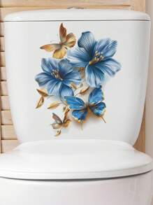 1/2pcs Flower Toilet Stickers Butterfly Toilet Lid Decals, Removable Self-Adhesive Waterproof Bathroom Wall Sticker, Decorative For Bathroom, Bathroom Decor, Wall Art For Home Cistern Restroom Bathroom Decals
