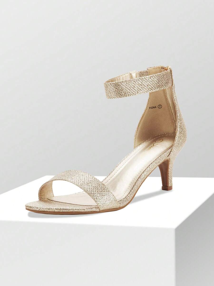 Women Wide-Fit Kitten Heel Sandals Fashion Glitter Ankle Strap Open Toe Summer Sandals With Back Zipper Party Wedding Heels - Vàng - Xem 1