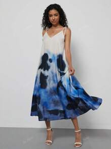 Women's Fashion Floral Print V-Neck Casual Vacation Style Spaghetti Strap Backless Summer Dress, Se-Hore Design