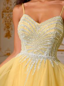 VIPGIRL 闪亮黄色亮片束身网纱礼服，迷人吊带正式晚礼服，高开衩长款派对礼服，尽显奢华优雅，优美长裙 - 黃色 - 查看 8