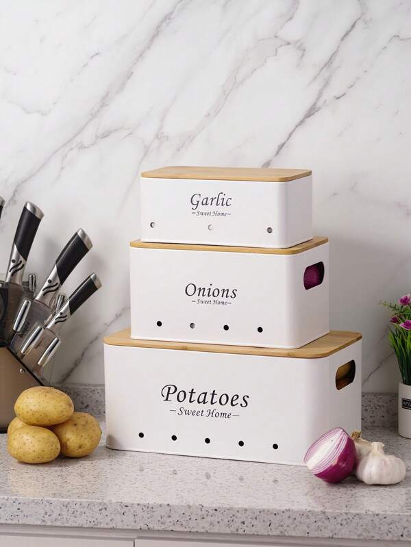 Potato Box - Set Of 3 Potato Storage Boxes - Onion Box - Garlic Storage Box - Potato Storage Box With Bamboo Lid - Kitchen Storage Box - White