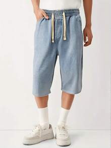 Pantalones cortos vaqueros casuales con cordón en la cintura, holgados para el tiempo libre y vacaciones en verano, para hombres - Azul - Ver 4
