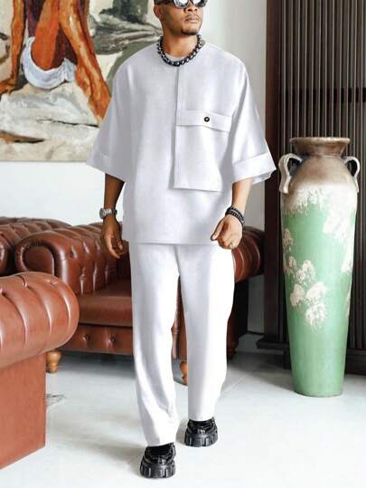 2 pièces/set, printemps/été Nouveau Dashiki pour hommes, haut noir à manches mi-longues, grande poche, manches retroussées, col rond, pantalon à taille élastique, vêtements africains. Ensemble 2 pièces casual pour hommes à manches courtes. Streetwear, soirée, rendez-vous, mariage, affaires, port quotidien, événements culturels, cérémonies traditionnelles