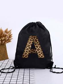 1 件 A-Z 豹纹字母印花儿童户外运动背包、足球背包、篮球背包、轻便抽绳包，适合男孩和女孩 - 黑色 - 查看 3