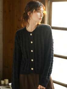 Knit Mix Women's Solid Color Simple Round Neck Knitted Cardigan For Daily Wear - Black - View 3