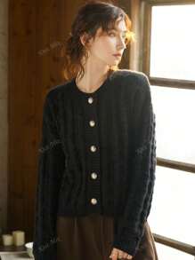 Knit Mix Women's Solid Color Simple Round Neck Knitted Cardigan For Daily Wear