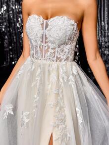 LVNES 新款奢华露肩婚纱，带串珠刺绣 - 优雅新娘礼服 - 白色 - 查看 7
