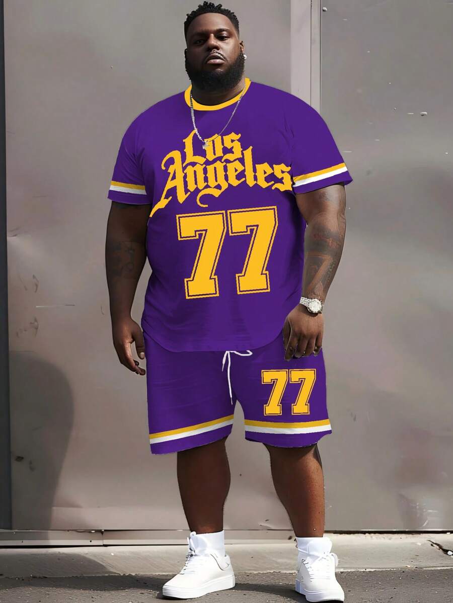 2 pièces Set t-shirt à manches courtes avec graphique Los Angeles 77 et shorts à cordon pour hommes grande taille, tenue d'été décontractée, tissu respirant et doux, lavable en machine - Prune - Voir 1