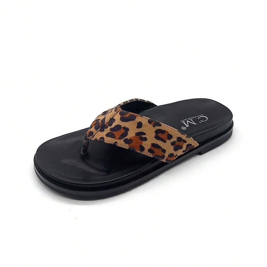 Damen Sommer Flache Sandalen, Design mit breiten Riemen, ergonomischer Zehenriemen, bequem für den täglichen Gebrauch - Leoparden-Aufdruck - Übersicht 1