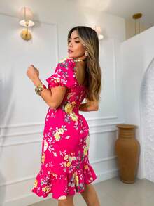 Short Dress/With Stretch/Puff Sleeves/Princess/Floral/Women's Fashion - FJ-PINK - 查看 2